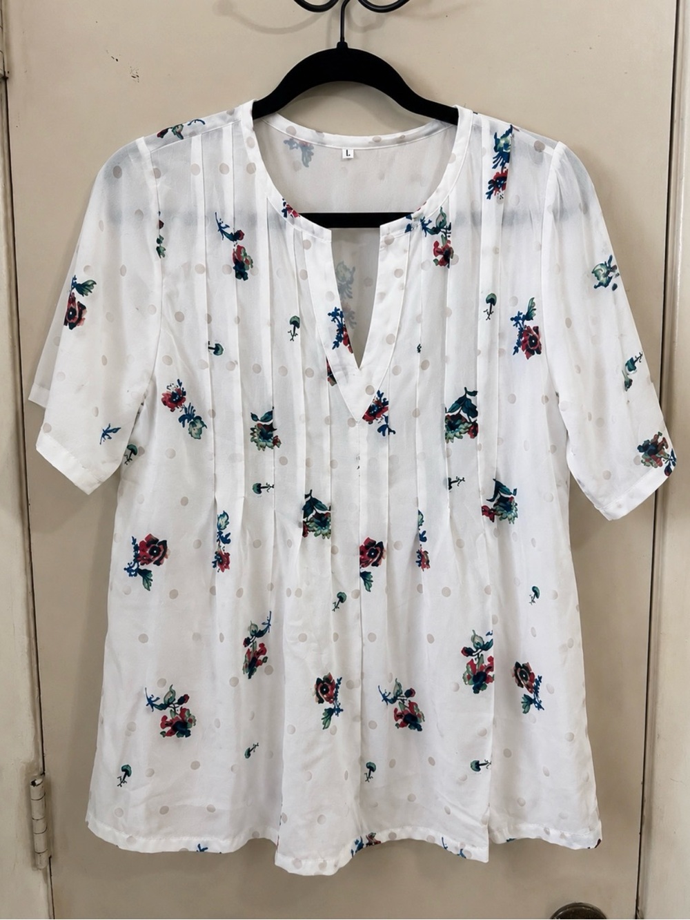 Women's White Floral Pintuck V-Neck Top